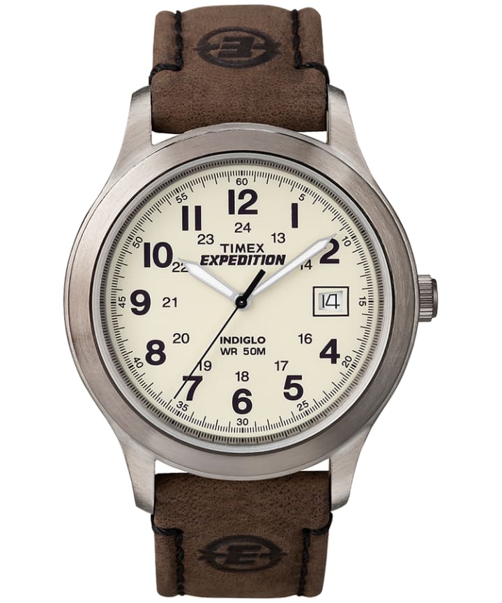 Expedition Metal Field 37mm Leather Strap Watch Silver-Tone/Brown/Natural large