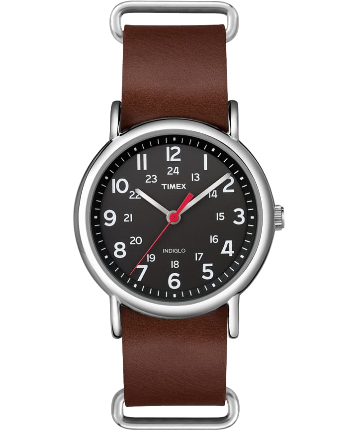 Weekender 38mm Leather Strap Watch Silver-Tone/Brown/Black large