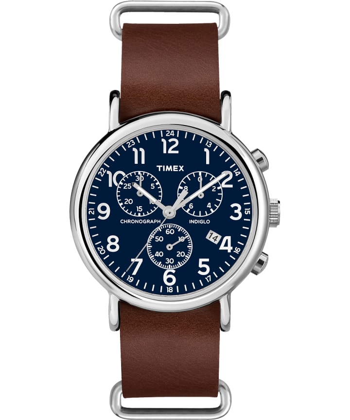 Weekender Chronograph 40mm Leather Strap Watch Silver-Tone/Tan/Blue large