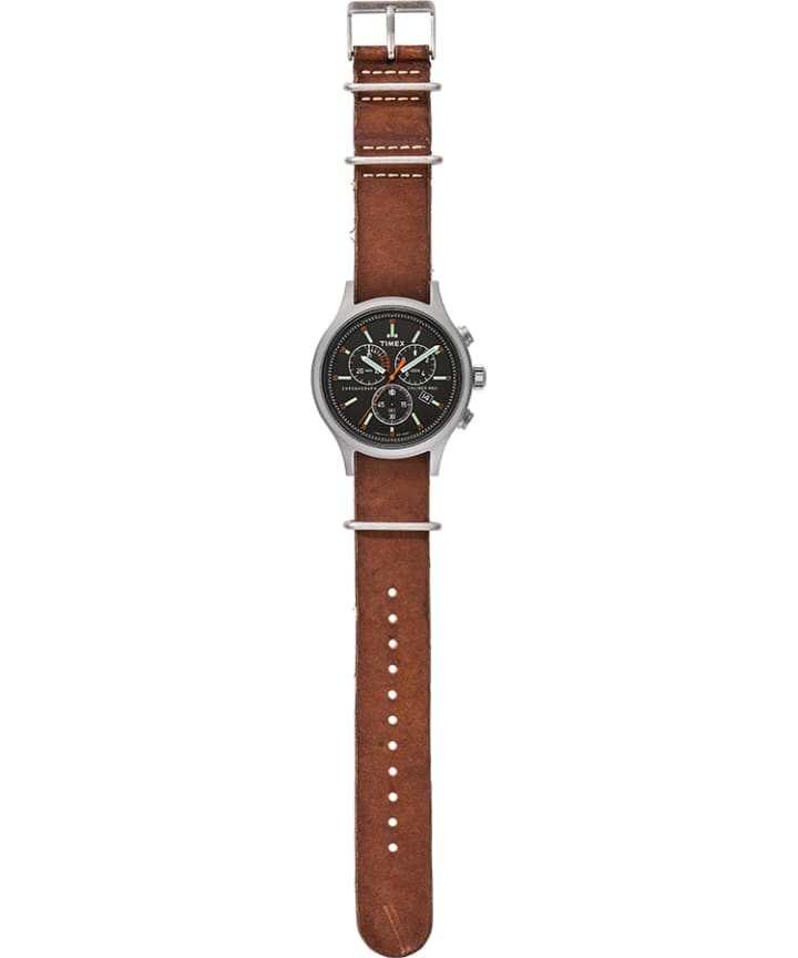 Allied Chronograph 42mm Leather Strap Watch Silver-Tone/Brown/Black large