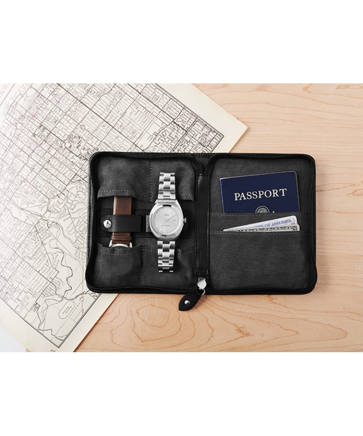 Leather Folio Case and Passport Holder For Two Watches Black large
