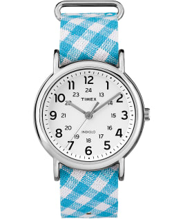 Weekender Patterns 38mm Fabric Strap Watch Chrome/Blue/White large