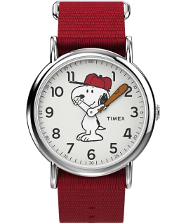 Snoopy 38mm Nylon Strap Watch Silver-Tone/Red/White large