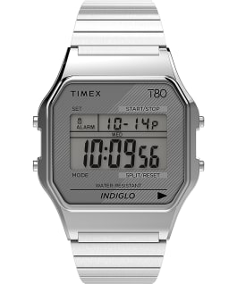 Montre Timex T80 34&nbsp;mm Bracelet extensible en acier inoxydable Argent&eacute; large