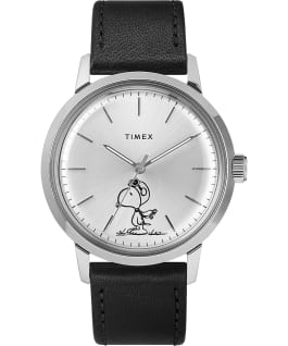 Marlin&reg; 40mm Automatic Featuring Snoopy Leather Strap Watch Black/Silver-Tone large