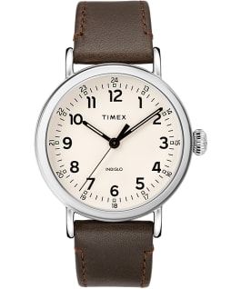 Standard 40mm Leather Strap Watch Silver-Tone/Brown/Cream large