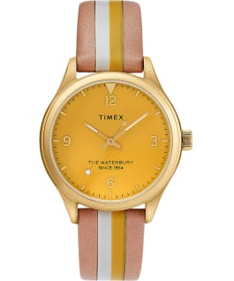 Waterbury Traditional Womens 34mm Leather Strap Watch with Stripe Gold-Tone/Tan/Yellow large