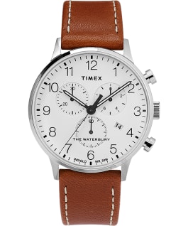 Waterbury 40mm Classic Chrono with Leather Strap Watch Stainless-Steel/Tan/White large