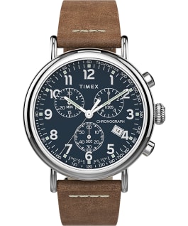 Standard Chronograph 41mm Leather Strap Watch Silver-Tone/Tan/Blue large