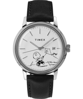 Timex x Peanuts Marlin Automatic Featuring Charlie Brown 40mm Leather Strap Watch Stainless-Steel/Black/White large