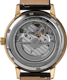 Celestial Opulence Automatic 38mm Leather Strap Watch with Open Heart Moon Dial Gold-Tone/Black large