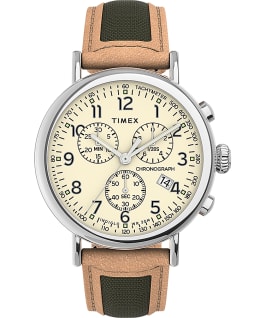 Timex Standard Chronograph 41mm Fabric with Leather Strap Watch Silver-Tone/Tan/Cream large