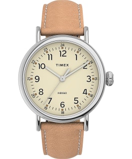 Standard 40mm Leather Strap Watch Silver-Tone/Cream/Tan large