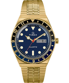Montre Q Timex Reissue 38&nbsp;mm Bracelet en acier inoxydable Dor&eacute;/Bleu/Noir large