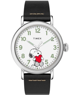 Montre standard Timex x Peanuts Saint-Valentin 40&nbsp;mm Bracelet en cuir Argent&eacute;/Noir/Blanc large