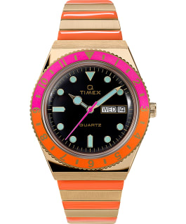 Montre Q Timex Malibu 36&nbsp;mm Bracelet extensible en acier inoxydable Dor&eacute;/Bicolore/Noir large