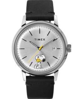 Montre automatique Timex Marlin x Peanuts avec Snoopy et Woodstock 40&nbsp;mm Bracelet en cuir Acier inoxydable/Noir/Blanc large