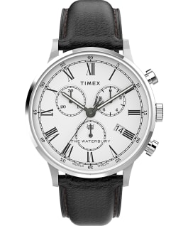 Waterbury Classic Chronograph with Roman Numerals 40mm Leather Strap Watch Stainless-Steel/Black/White large