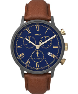 Waterbury Classic Chronograph with Roman Numerals 40mm Leather Strap Watch Gunmetal/Brown/Blue large