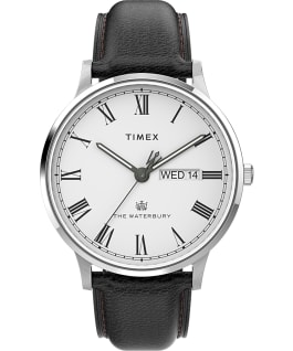 Waterbury Classic Day Date with Roman Numerals 40mm Leather Strap Watch Stainless-Steel/Black/White large