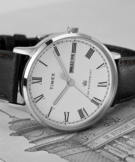 Waterbury Classic Day Date with Roman Numerals 40mm Leather Strap Watch Stainless-Steel/Black/White large