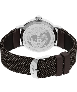 Montre Timex Standard 40&nbsp;mm Bracelet en cuir et tissu Argent&eacute;/Marron/Noir large
