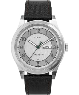 Waterbury Traditional Day Date 39mm Leather Strap Watch Stainless-Steel/Black/Silver-Tone large