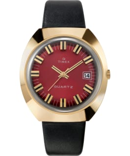 Q Timex 1972 Reissue 43mm Leather Strap Watch Gold-Tone/Black/Burgundy large