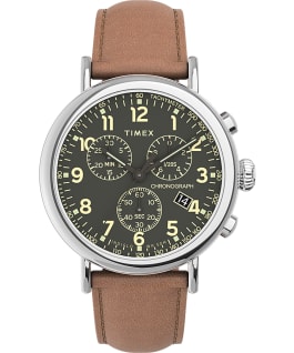 Timex Standard Chronograph 41mm Leather Strap Watch Silver-Tone/Brown/Green large