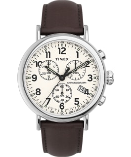 Timex Standard Chronograph 41mm Leather Strap Watch Silver-Tone/Brown/Cream large