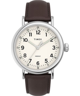 Timex Standard 40mm Leather Strap Watch Silver-Tone/Brown/Cream large