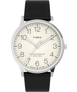 Waterbury Classic 40mm Leather Strap Watch AMZ Stainless-Steel/Black/Cream large