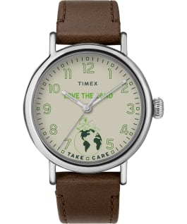 Timex Standard x Peanuts Take Care 40mm Leather Strap Watch Silver-Tone/Brown/Cream large