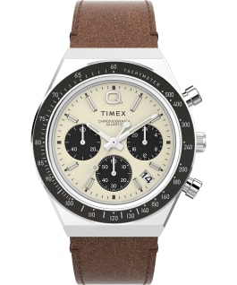 Q Timex Chronograph 40mm Leather Strap Watch Stainless-Steel/Brown/Cream large