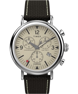 Timex Standard Chronograph 41mm Leather and Fabric Strap Watch Silver-Tone/Brown/Cream large