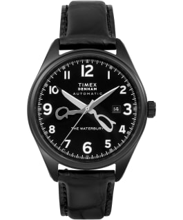 Timex Waterbury Automatic x Denham 42mm Leather Strap Watch Black large