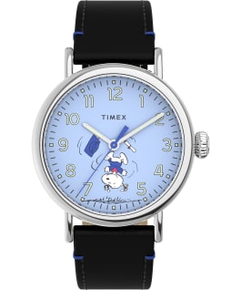 Timex Standard x Peanuts Featuring Snoopy Graduation 40mm Leather Strap Watch Silver-Tone/Black/Blue large