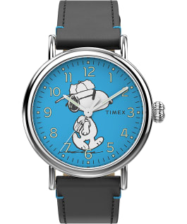 Timex Standard x Peanuts Featuring Snoopy Back to School 40mm Leather Strap Watch Silver-Tone/Black/Blue large