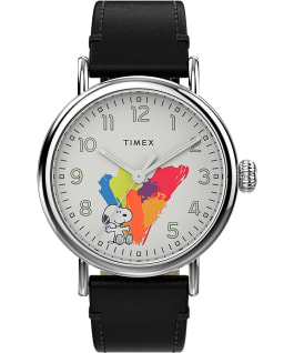 Timex Standard x Peanuts Dream in Color 40mm Leather Strap Watch Silver-Tone/Black/White large