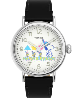 Timex Standard x Peanuts Featuring Snoopy Happy Birthday 40mm Leather Strap Watch Silver-Tone/Black/White large