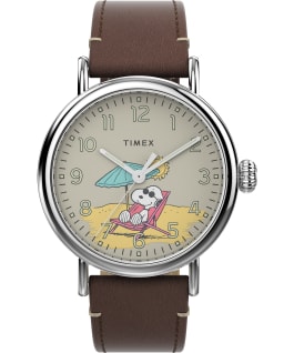 Timex Standard x Peanuts Featuring Snoopy at the Beach 40mm Leather Strap Watch Silver-Tone/Brown/Tan large