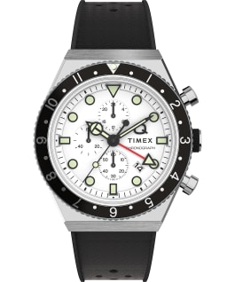Q Timex Three Time Zone Chronograph 40mm Synthetic Rubber Strap Watch Stainless-Steel/Black/White large