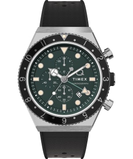Q Timex Three Time Zone Chronograph 40mm Synthetic Rubber Strap Watch Stainless-Steel/Black/Green large