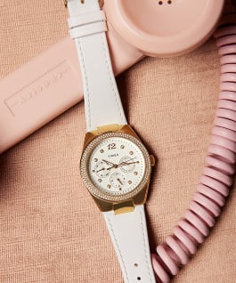 Simone Multifunction 38mm Leather Strap Watch Gold-Tone/White large