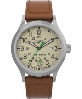 Timex Expedition Scout x Peanuts Take Care 40mm Leather Strap Watch Silver-Tone/Brown/Natural large