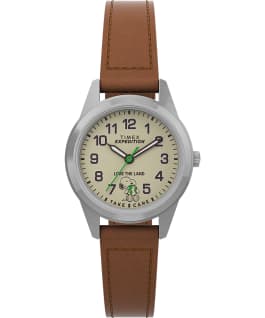 Timex Expedition Field Mini x Peanuts Take Care 26mm Leather Strap Watch Silver-Tone/Brown/Natural large