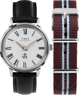 Timex X Brooks Brothers Marlin Automatic 38mm Leather Strap and Fabric Strap Set Stainless-Steel/Black/Cream large