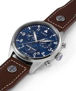 Timex X PanAm Chronograph 42mm Leather Strap Watch Stainless-Steel/Brown/Blue large
