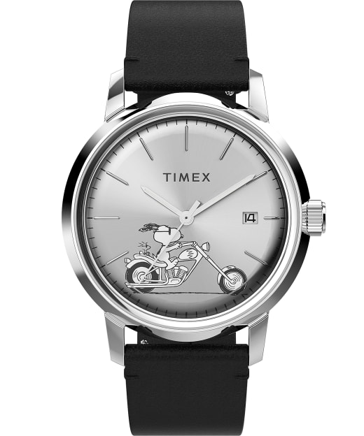 Timex Marlin® Automatic x Snoopy Easy Rider 40mm Leather Strap Watch Stainless-Steel/Black/Silver-Tone large
