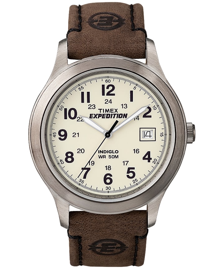 Expedition Metal Field 37mm Leather Strap Watch Silver-Tone/Brown/Natural large